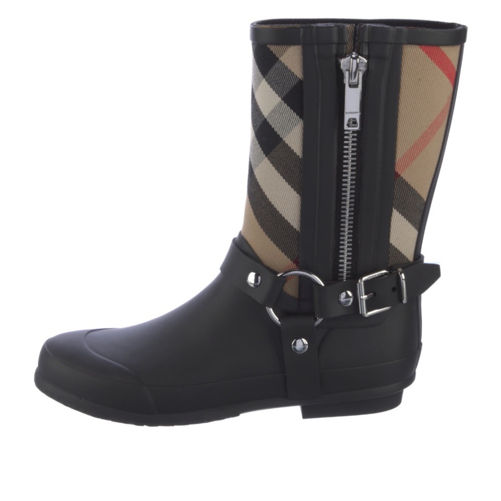 Auth BURBERRY Mid-Calf Black Rubber Nova Check Harness Rain Boots 41 - Picture 3 of 4